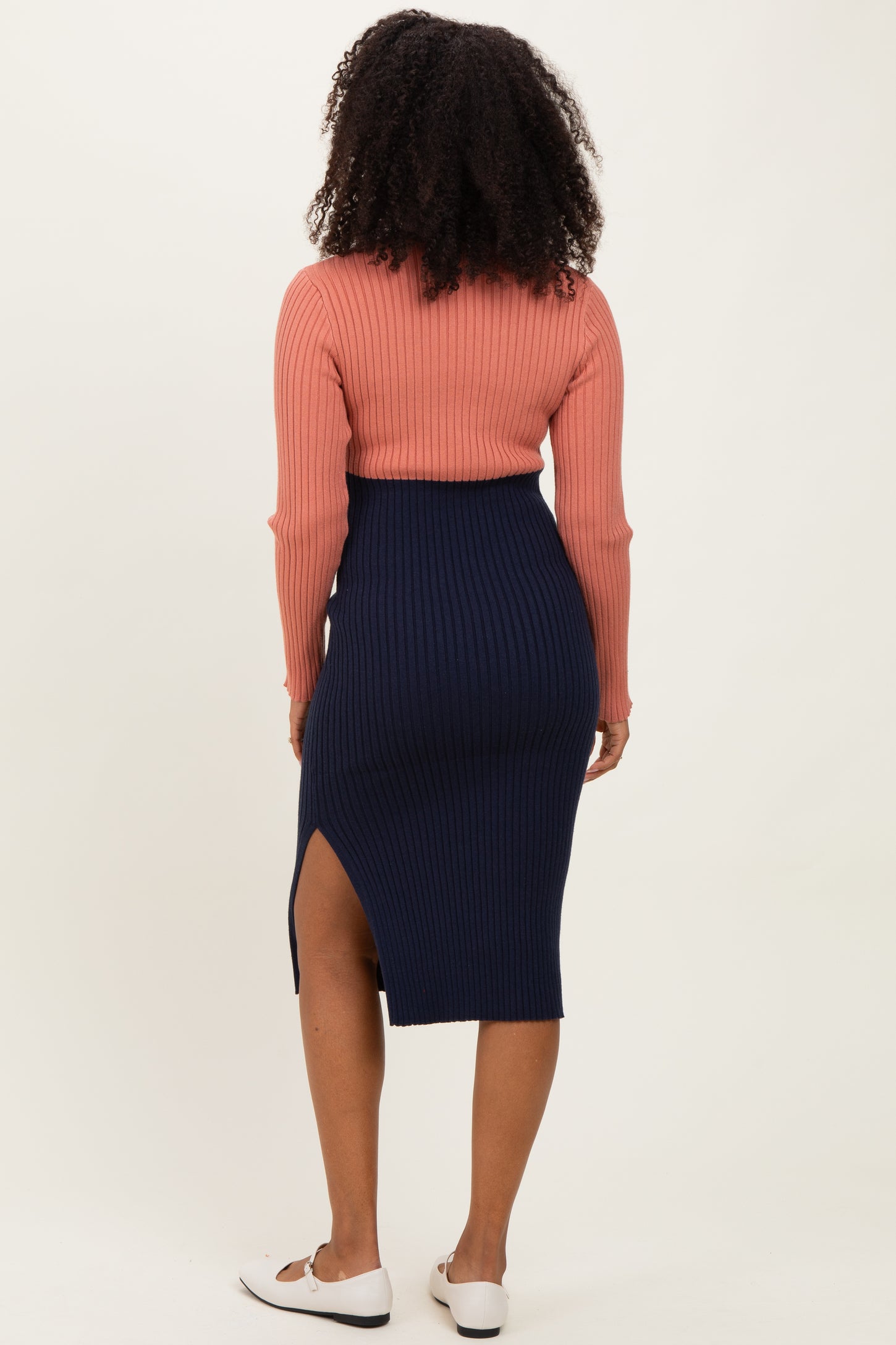 Pink Navy Knit Colorblock Long Sleeve Midi Dress
