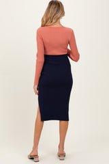 Pink Navy Knit Colorblock Long Sleeve Maternity Midi Dress