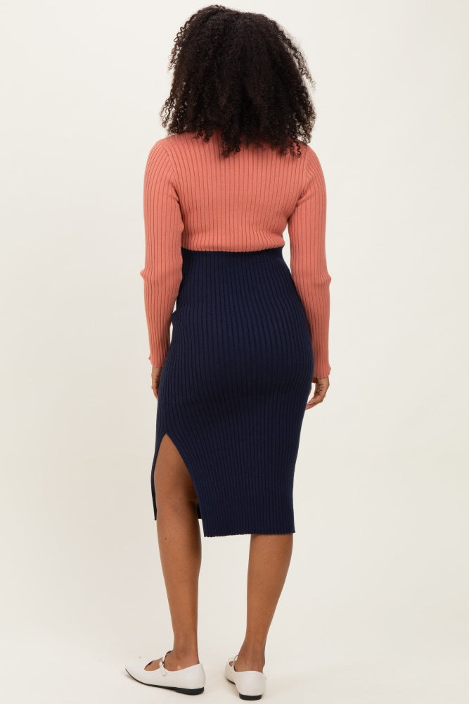 Pink Navy Knit Colorblock Long Sleeve Midi Dress