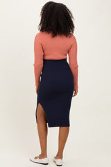 Pink Navy Knit Colorblock Long Sleeve Midi Dress