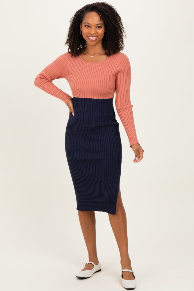 Pink Navy Knit Colorblock Long Sleeve Midi Dress