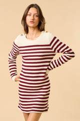 Burgundy Striped Button Accent Mini Sweater Dress
