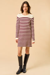Burgundy Striped Button Accent Mini Sweater Dress