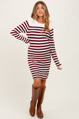 Burgundy Striped Button Accent Maternity Mini Sweater Dress
