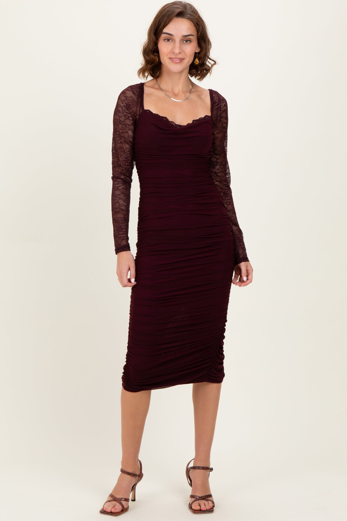 Burgundy Ruched Lace Sleeve Midi Dress Burgundy Ruched Lace Sleeve Midi Dress