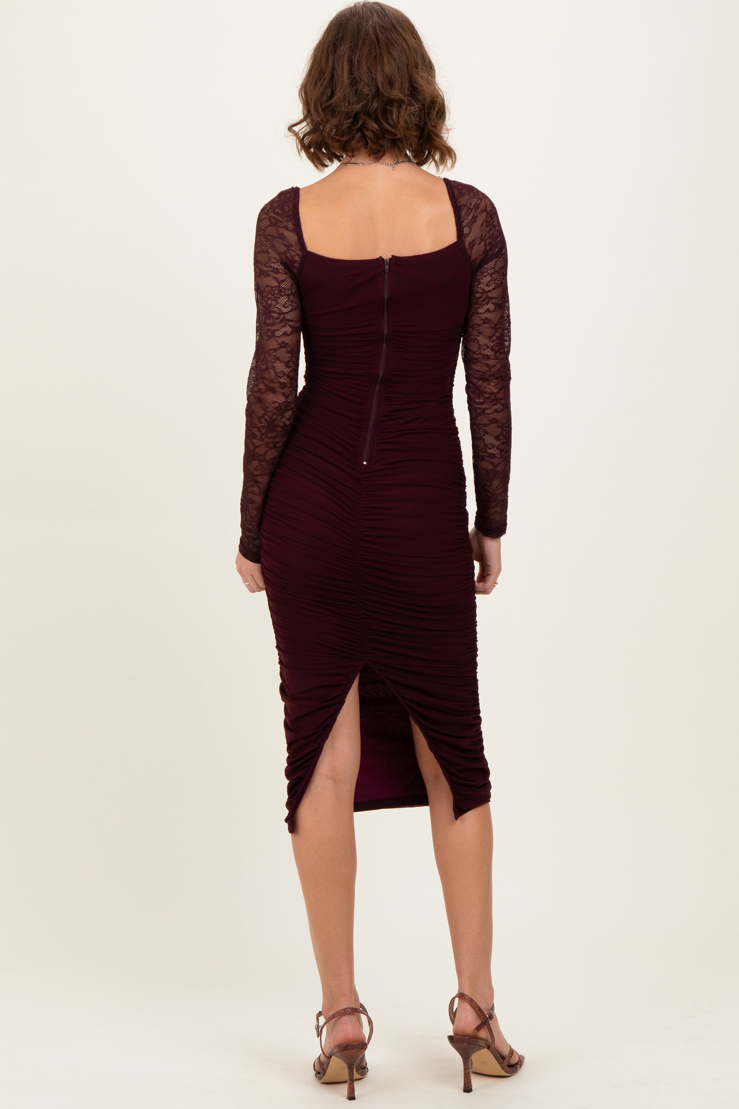 Burgundy Ruched Lace Sleeve Midi Dress PinkBlush Burgundy Ruched Lace Sleeve Midi Dress PinkBlush