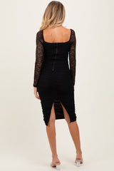 Black Ruched Lace Sleeve Maternity Midi Dress