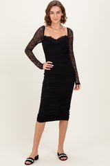 Black Ruched Lace Sleeve Midi Dress