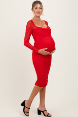 Red Ruched Lace Sleeve Maternity Midi Dress