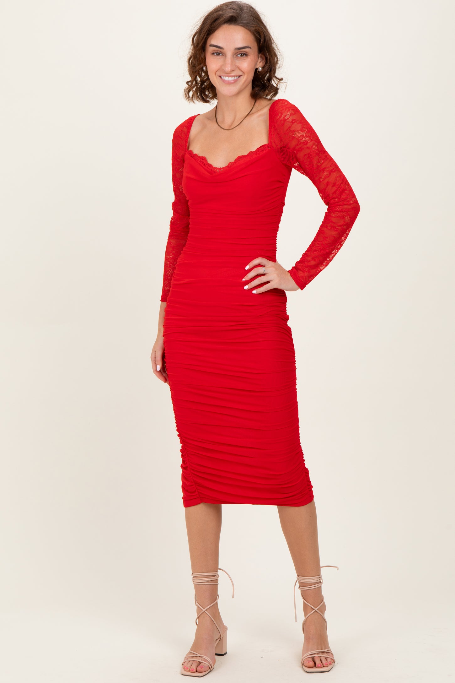 Red Ruched Lace Sleeve Midi Dress