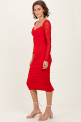 Red Ruched Lace Sleeve Midi Dress