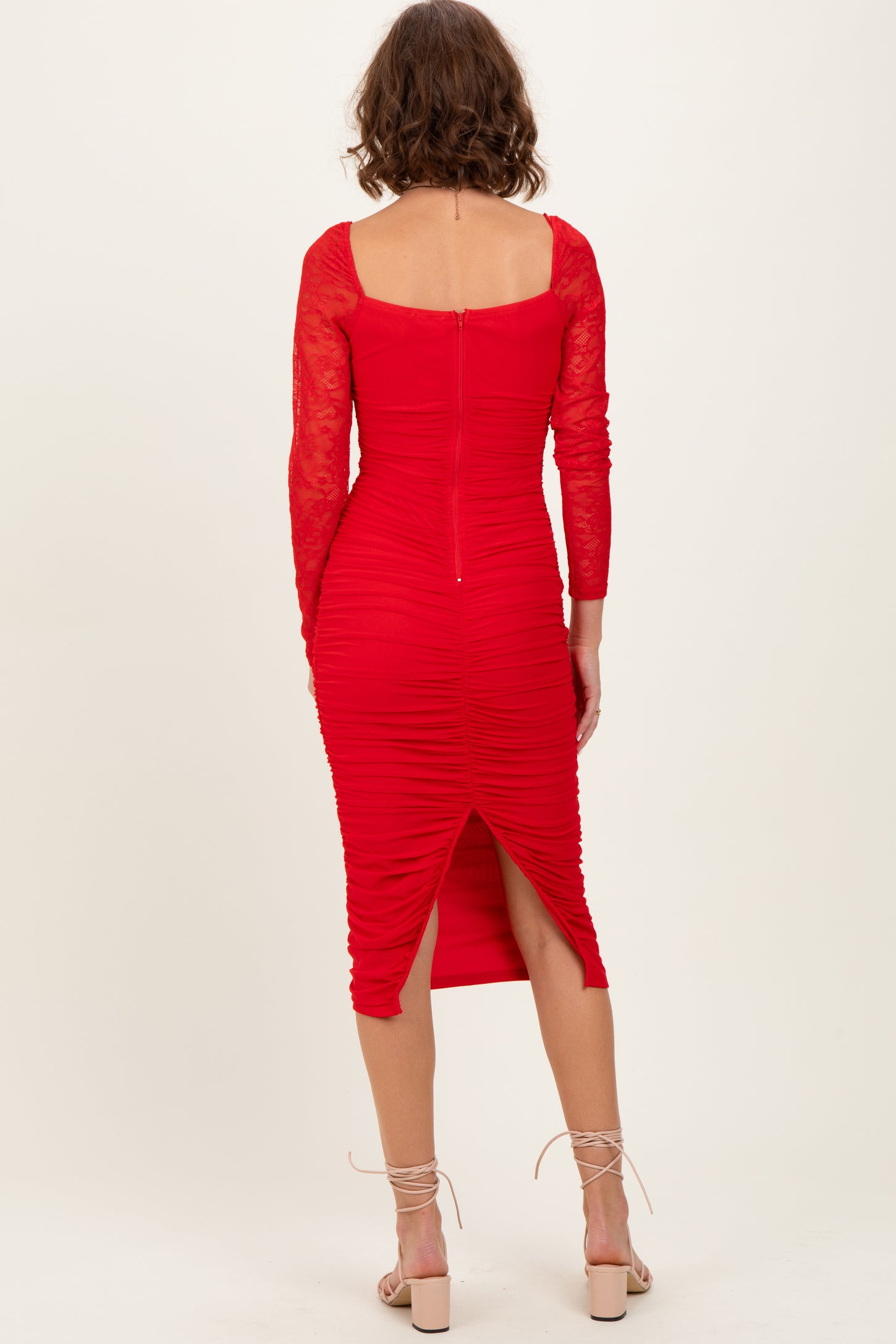 red midi ruched dress Red Off Shoulder Ruched Midi Dress