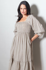 Beige Plaid Smocked Puff Sleeve Maternity Midi Dress