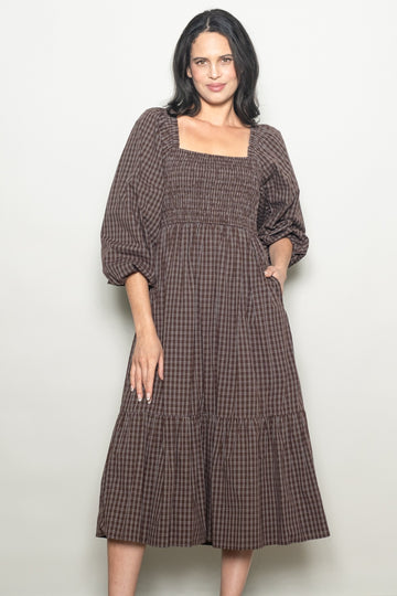 Brown Plaid Smocked Puff Sleeve Midi Dress