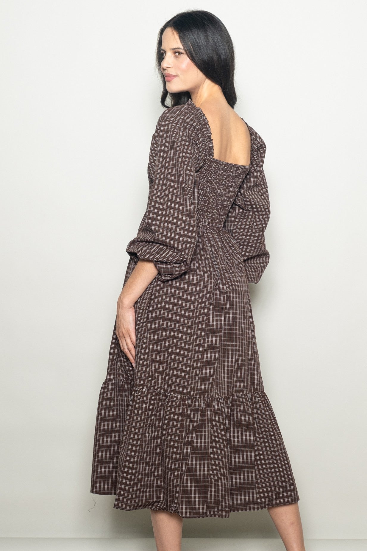 smocked puff sleeve midi dress Brown Plaid Smocked Puff Sleeve Midi Dress