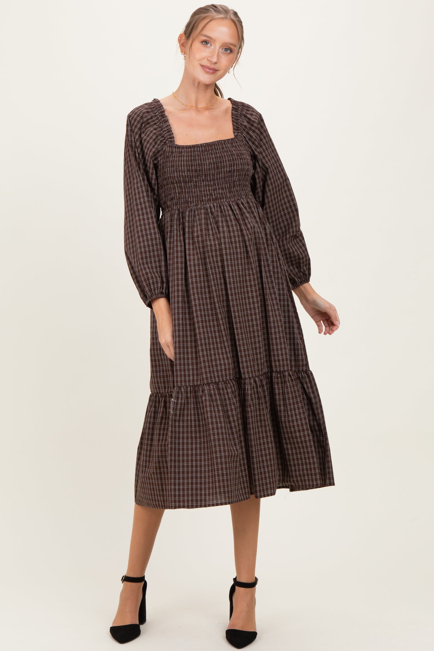 knee length dresses for ladies Retro Plaid Wool Midi Dress – A-Line Silhouette for Fall Style – 5303 –  Xiaolizi main image 0