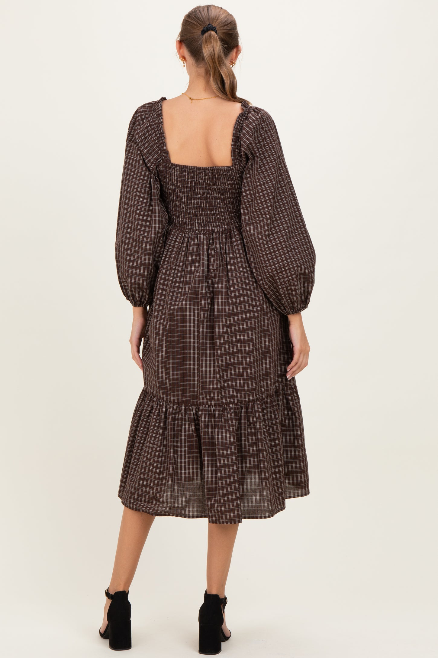 Brown Plaid Smocked Puff Sleeve Maternity Midi Dress Brown Plaid Smocked Puff Sleeve Maternity Midi Dress