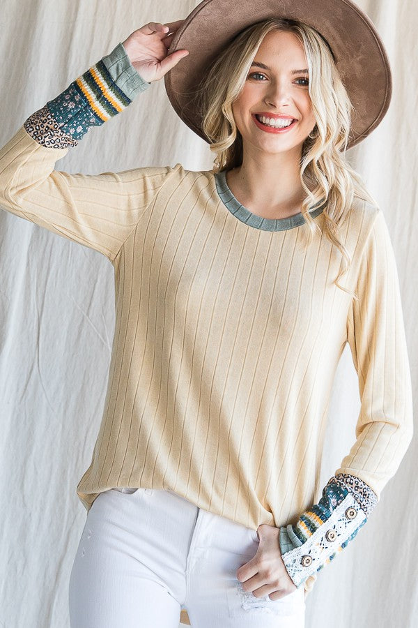 Yellow Colorblock Print Detail Long Sleeve Top