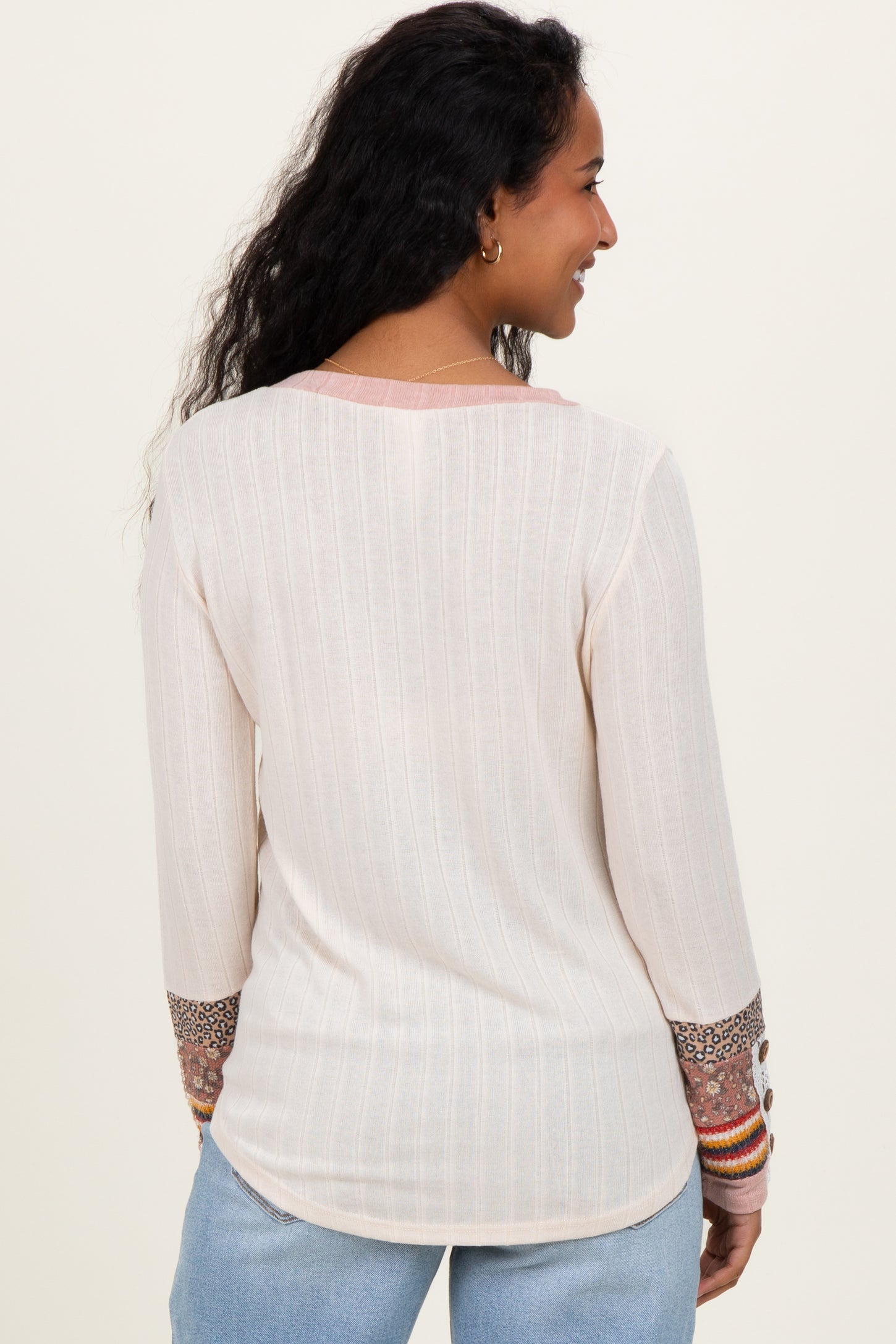 Cream Colorblock Print Detail Long Sleeve Maternity Top