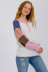 Pink Textured Rib Colorblock Raglan Long Sleeve