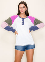 Navy Blue Multi Textured Rib Colorblock Raglan Long Sleeve