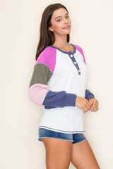 Navy Blue Multi Textured Rib Colorblock Raglan Long Sleeve