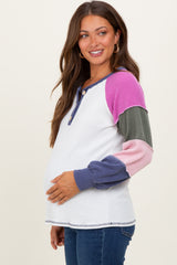Navy Blue Multi Textured Rib Colorblock Raglan Maternity Long Sleeve
