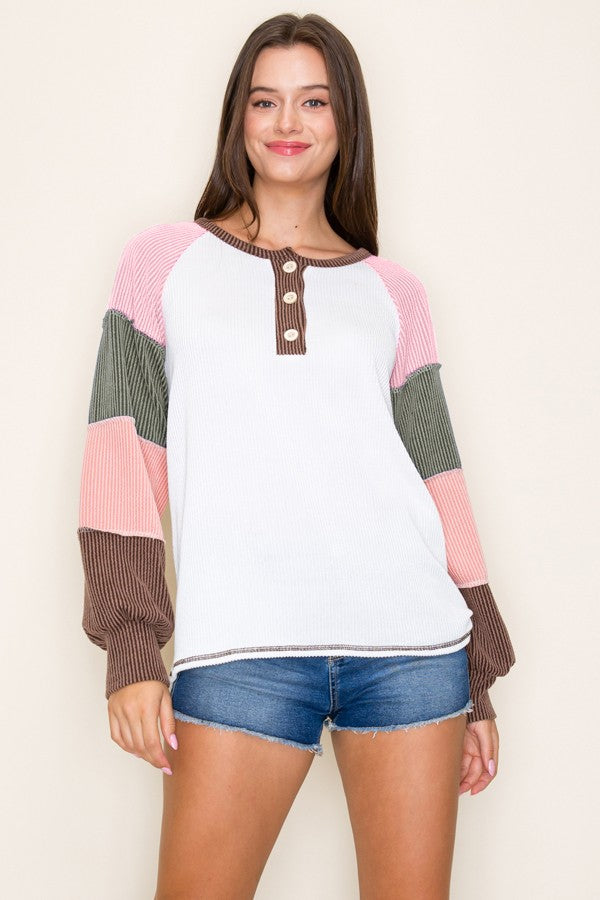 Brown Multi Textured Rib Colorblock Raglan Maternity Long Sleeve