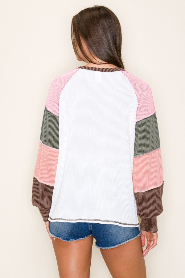 Brown Multi Textured Rib Colorblock Raglan Long Sleeve
