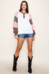 Brown Multi Textured Rib Colorblock Raglan Long Sleeve