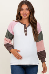 Brown Multi Textured Rib Colorblock Raglan Maternity Long Sleeve