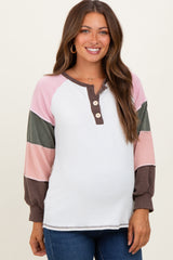 Brown Multi Textured Rib Colorblock Raglan Maternity Long Sleeve