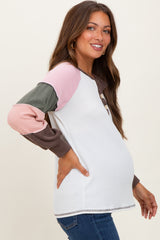Brown Multi Textured Rib Colorblock Raglan Maternity Long Sleeve
