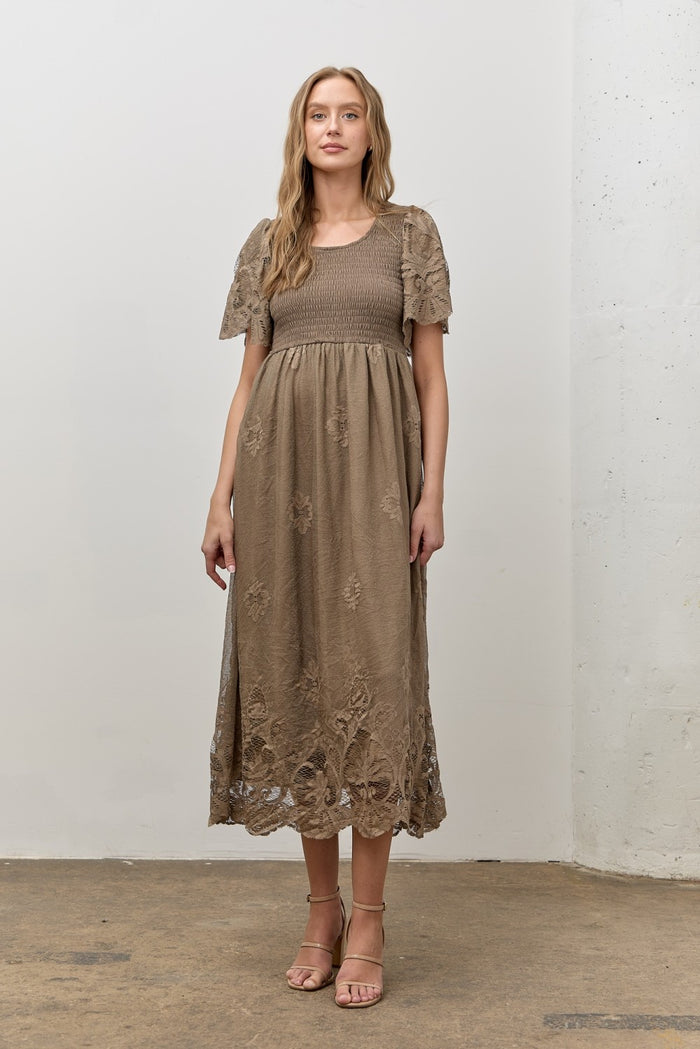 Olive Smocked Lace Detail Maternity Midi Dress