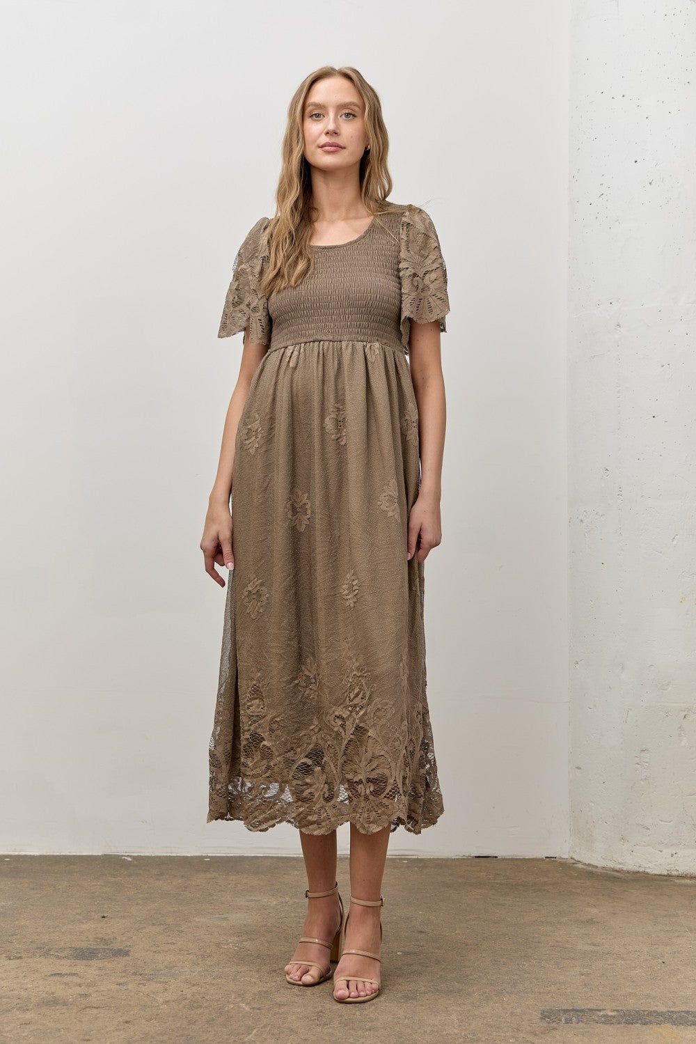 Olive Smocked Lace Detail Midi Dress