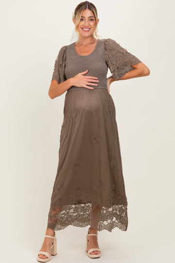Olive Smocked Lace Detail Maternity Midi Dress