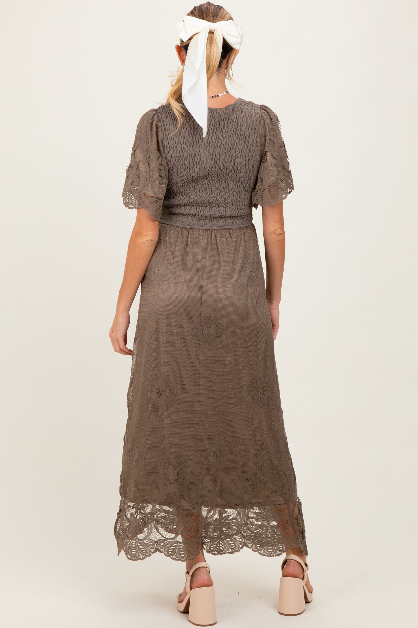 Olive Smocked Lace Detail Maternity Midi Dress