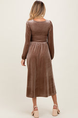 Mocha Velvet Smocked Long Sleeve Maternity Midi Dress