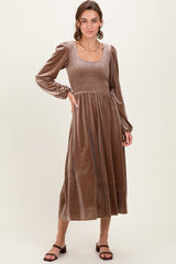 Mocha Velvet Smocked Long Sleeve Midi Dress