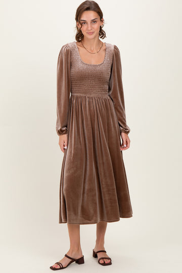 Mocha Velvet Smocked Long Sleeve Midi Dress
