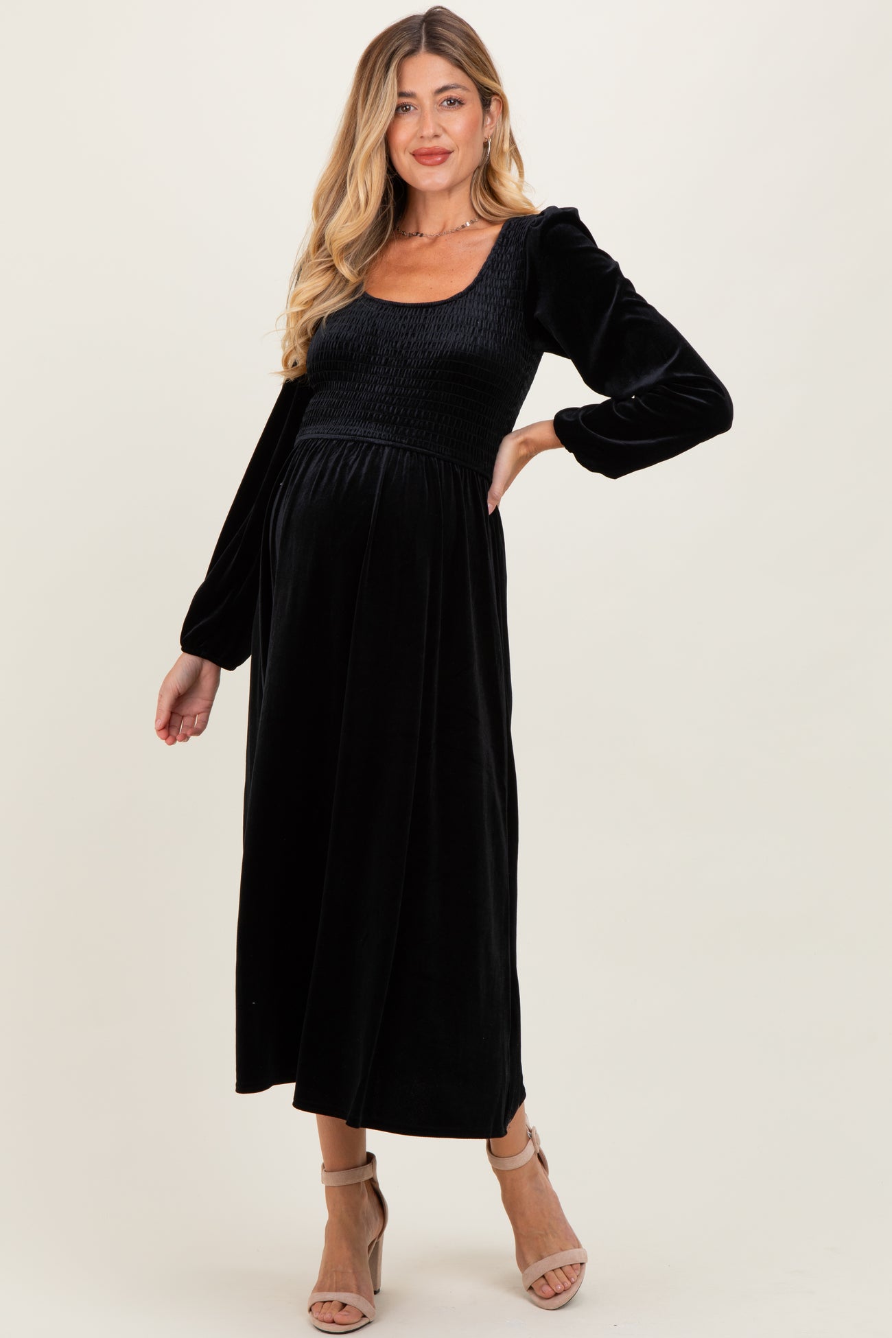 Black Velvet Smocked Long Sleeve Maternity Midi Dress