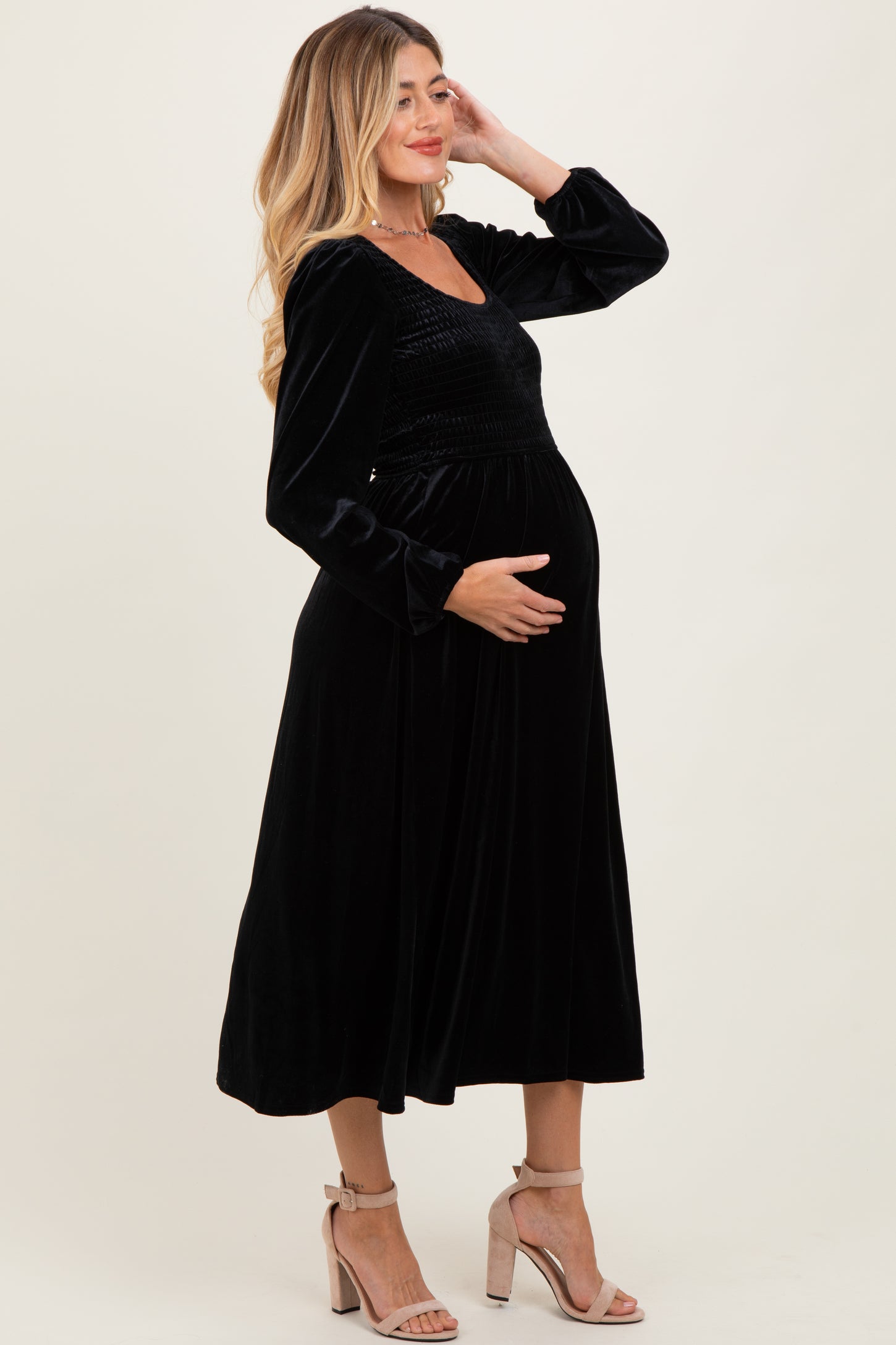 Black Velvet Smocked Long Sleeve Maternity Midi Dress – PinkBlush