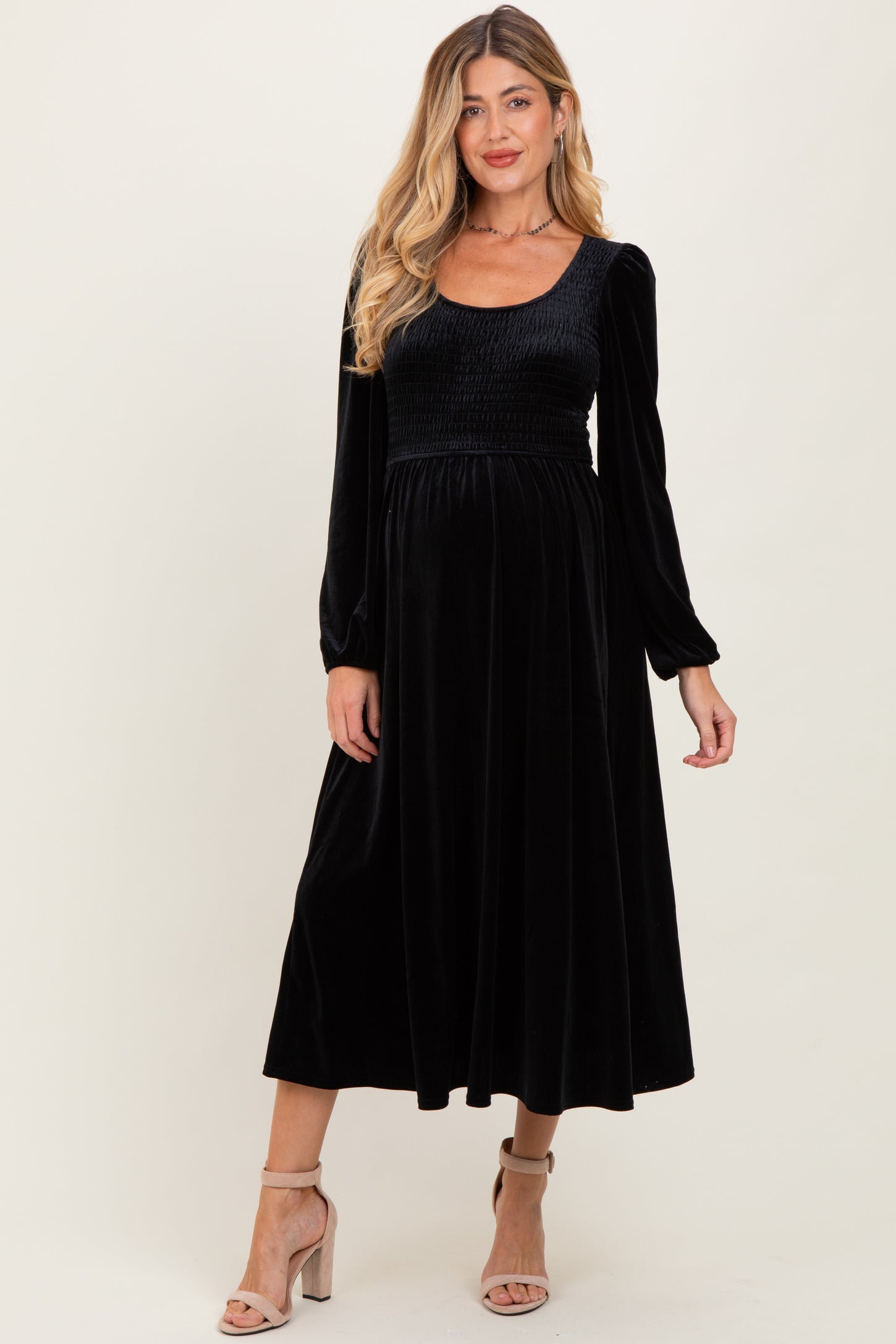 Black Velvet Smocked Long Sleeve Maternity Midi Dress Black Velvet Smocked Long Sleeve Maternity Midi Dress