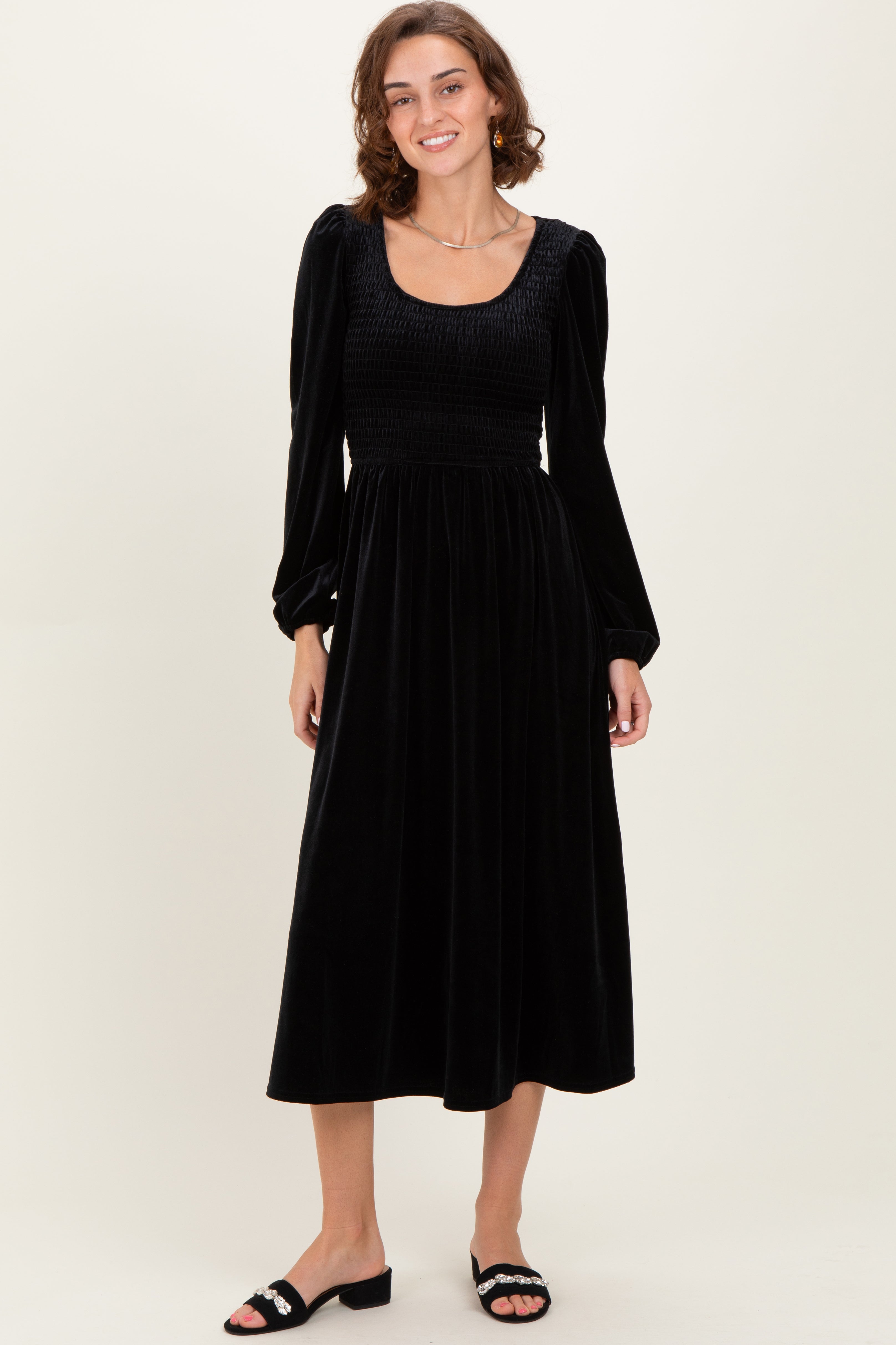 black velvet maternity dress Smocked Long Sleeve Midi Size:FR38 Black Dress Shirts Are Featuring a soft V essentialx