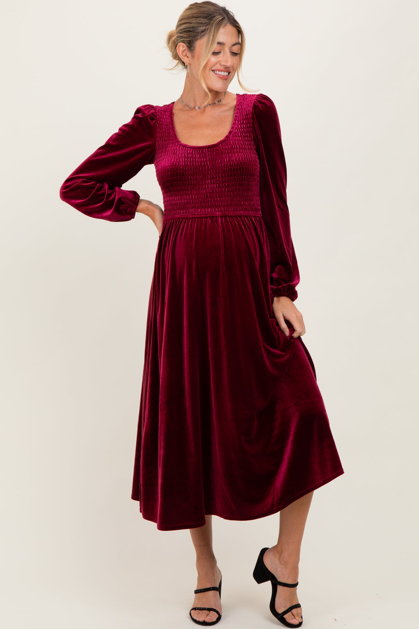 Burgundy Velvet Smocked Long Sleeve Maternity Midi Dress