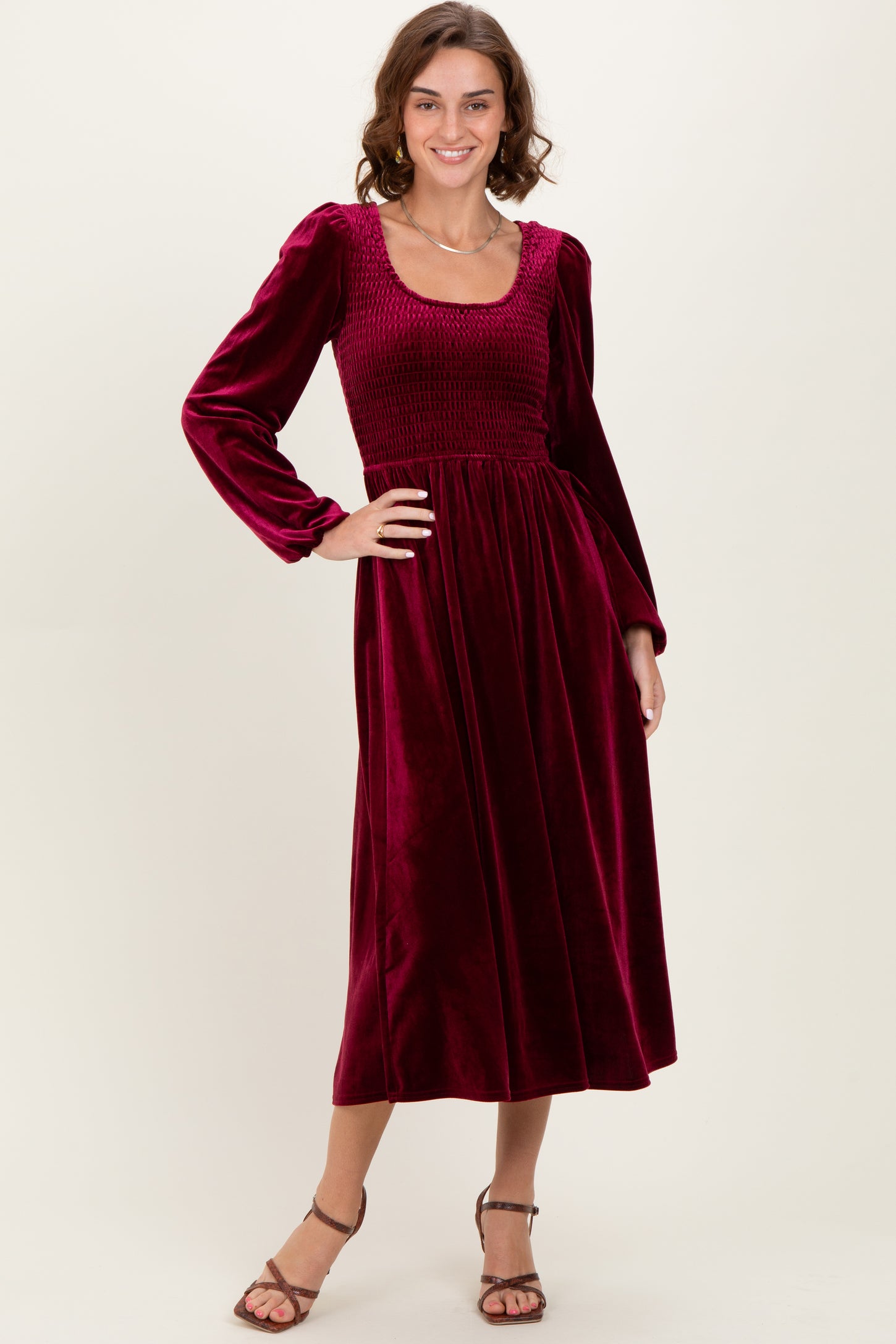 Burgundy Velvet Smocked Long Sleeve Maternity Midi Dress – PinkBlush