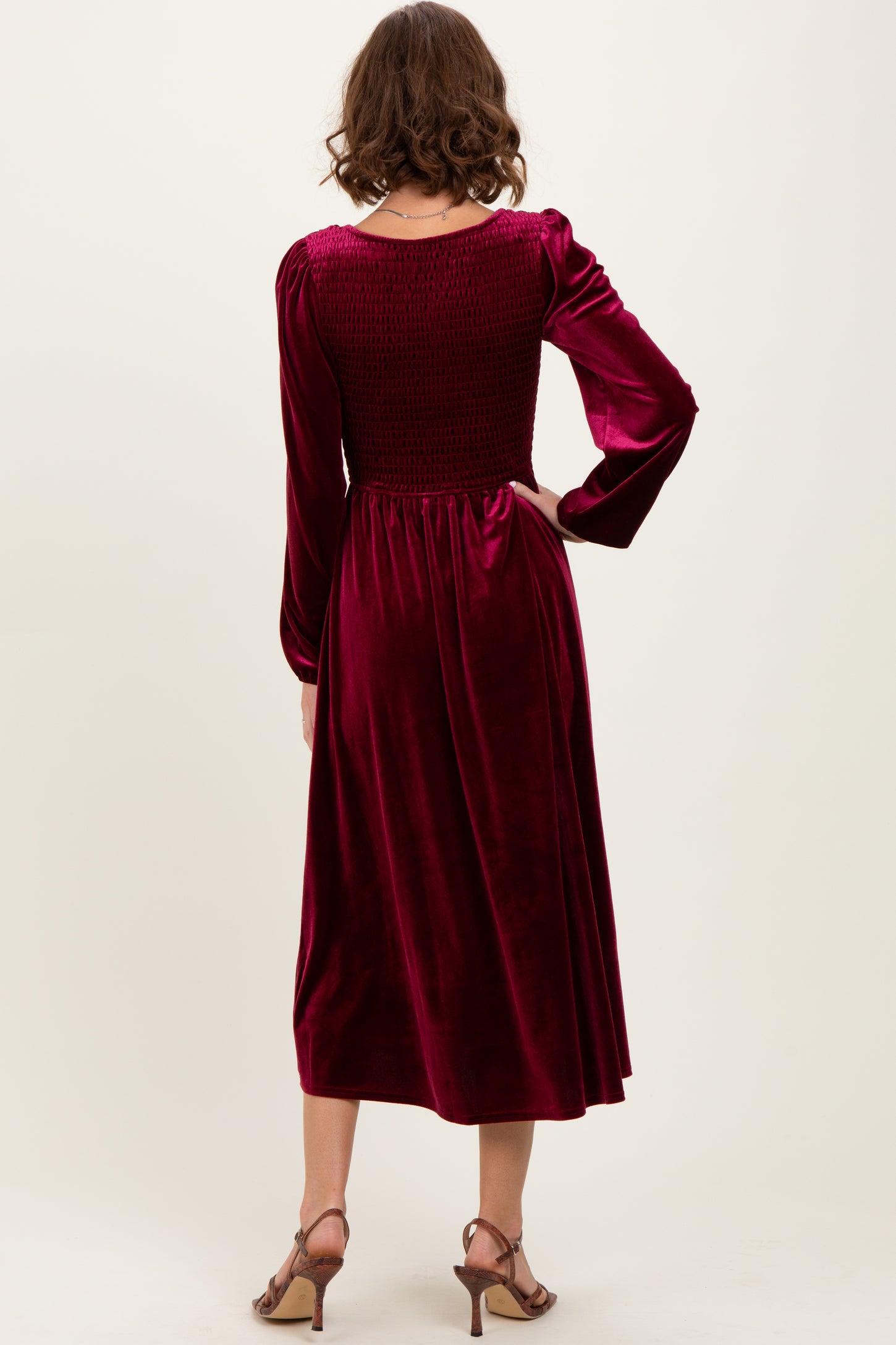 Burgundy Velvet Smocked Long Sleeve Midi Dress PinkBlush Burgundy Velvet Smocked Long Sleeve Midi Dress PinkBlush