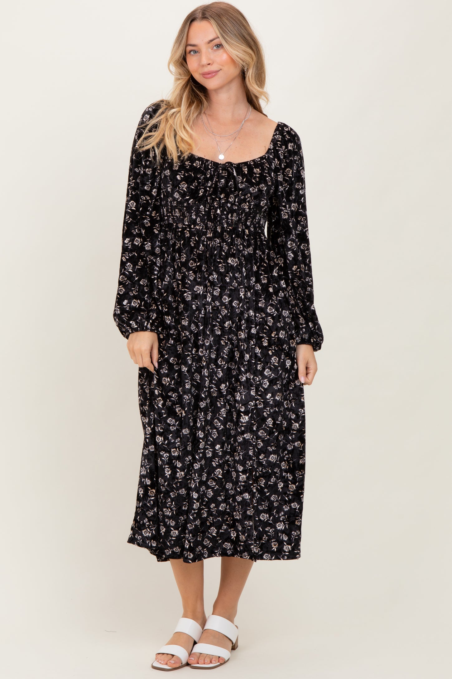 Black Floral Velvet Smocked Maternity Midi Dress