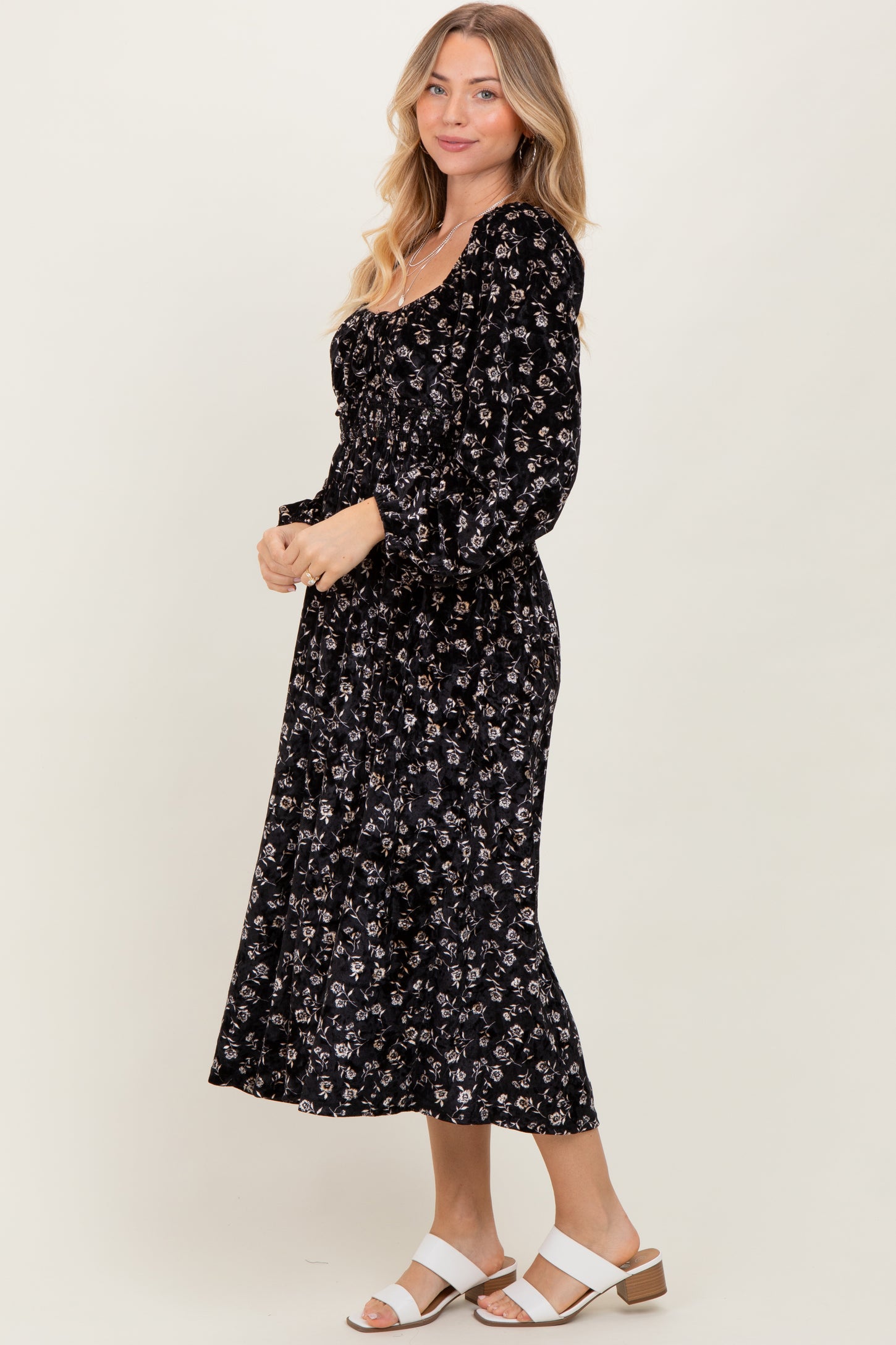 Black Floral Velvet Smocked Midi Dress