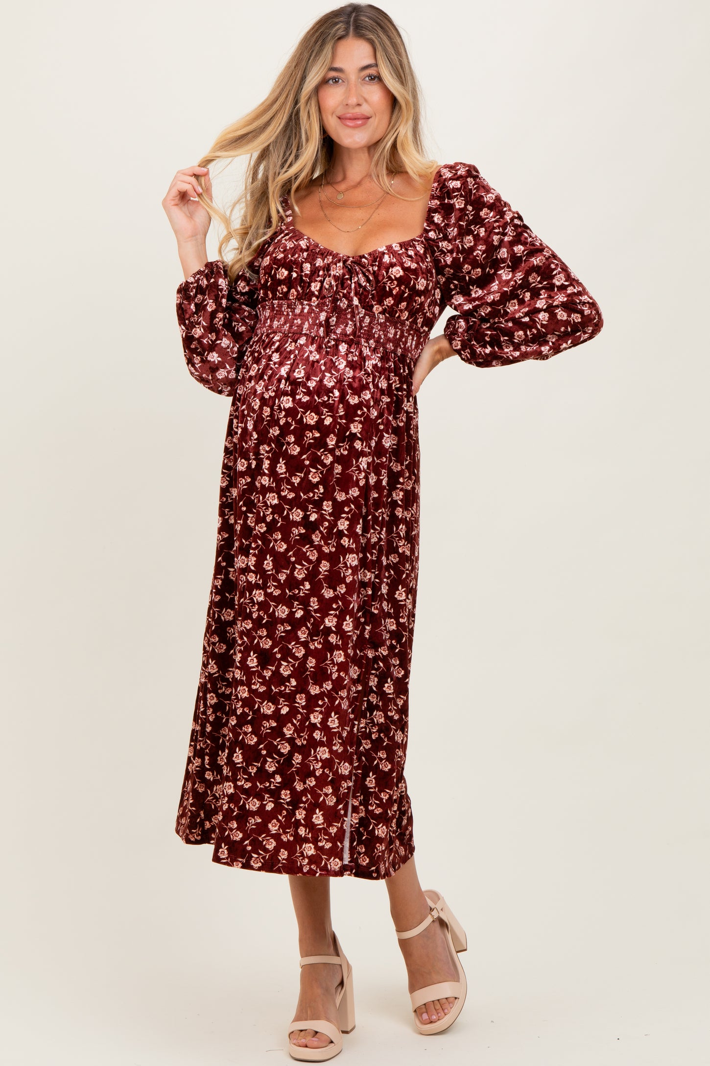 Burgundy Floral Velvet Smocked Maternity Midi Dress